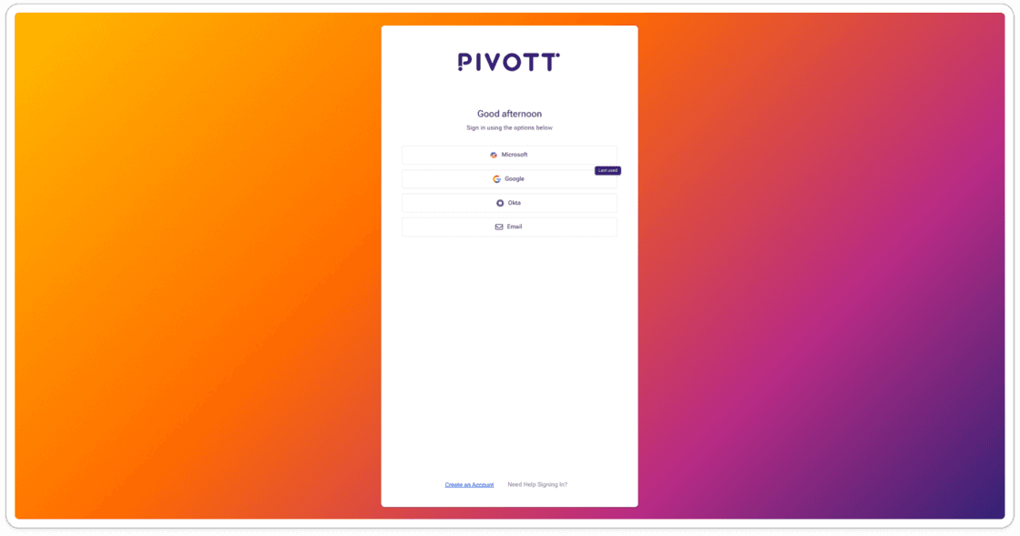 The login page — log in easily with Google, Microsoft, Okta, or your email.