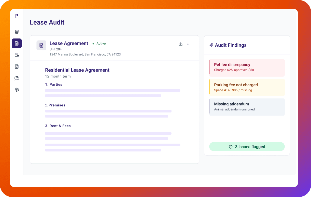 Lease audit dashboard with flagged issues and Excel export