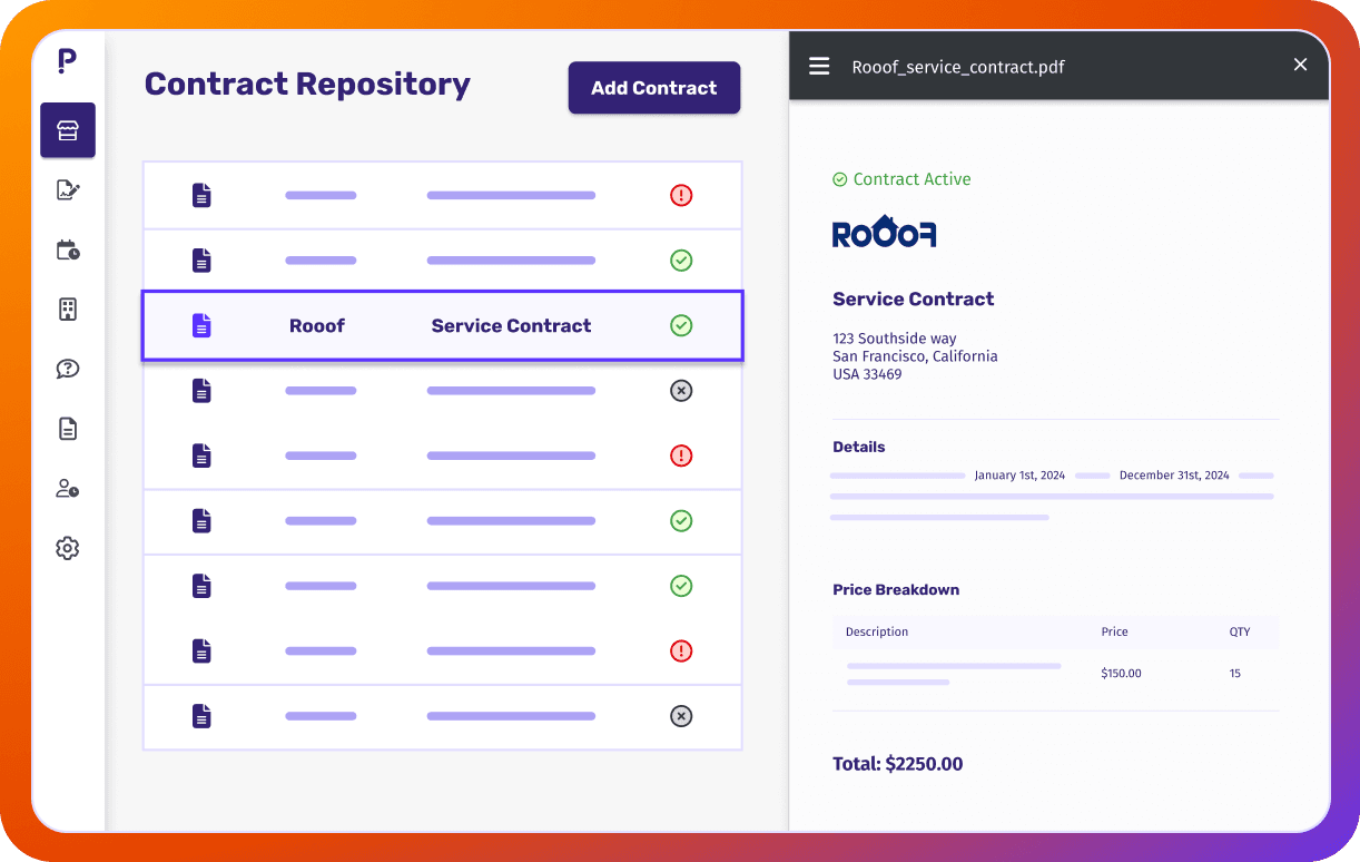 Contract repository showing contracts organized by property, vendor, and document type