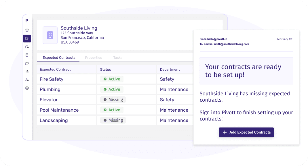 Property Expected Contracts tab with required categories, upload or link actions, and status per category