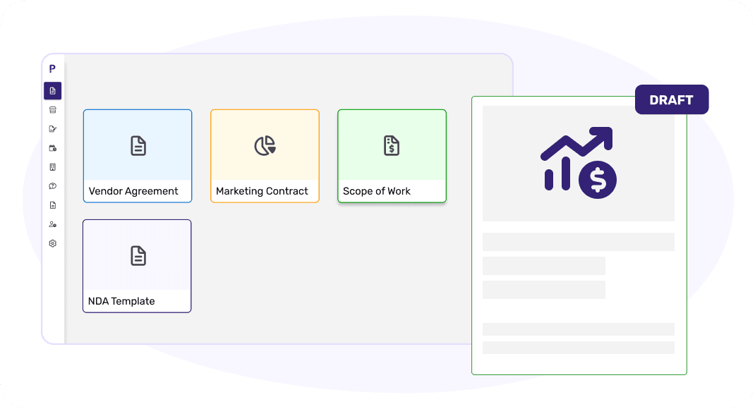 Drafts library list of in-progress agreements separate from executed contracts, with status and open-for-edit actions
