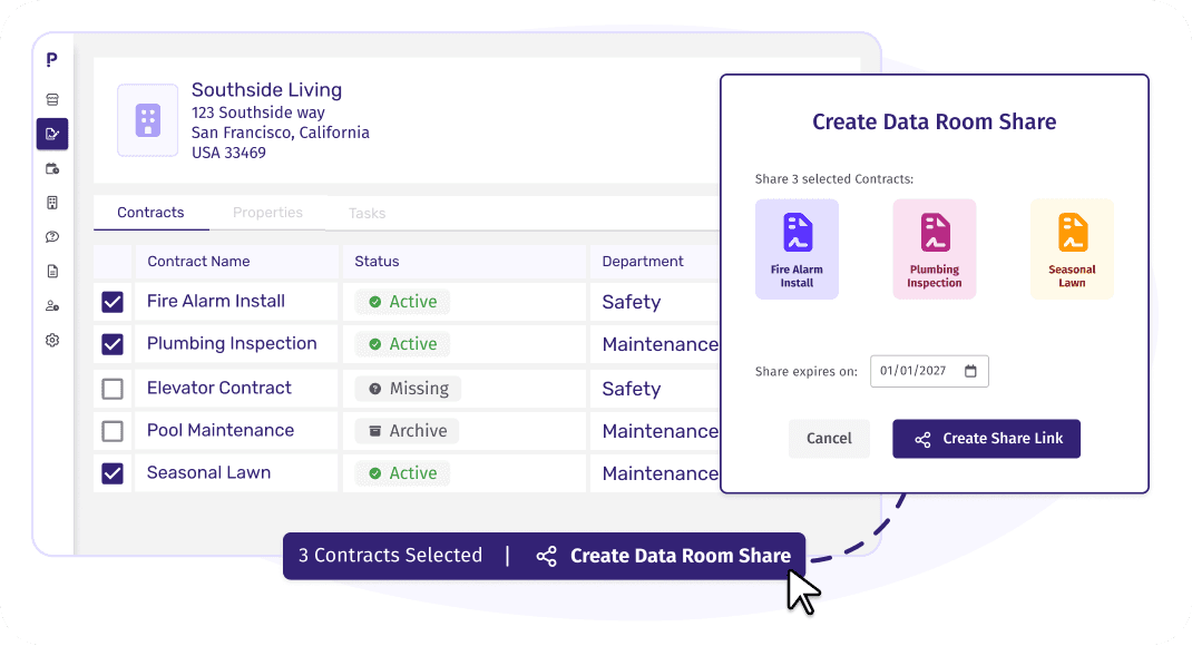 Property contract list with selected contracts and Create Share action