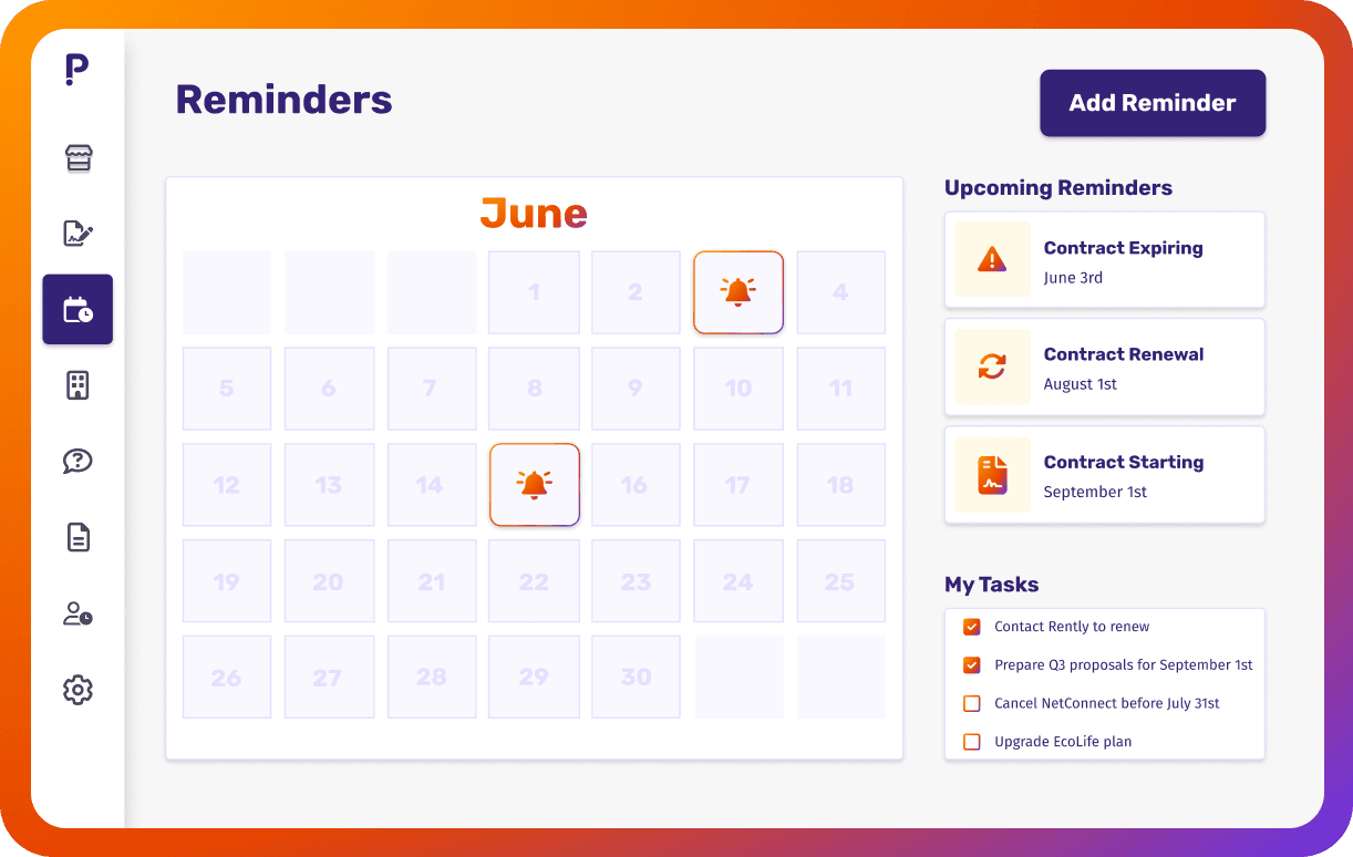Tasks and renewals calendar listing upcoming contract deadlines across the portfolio