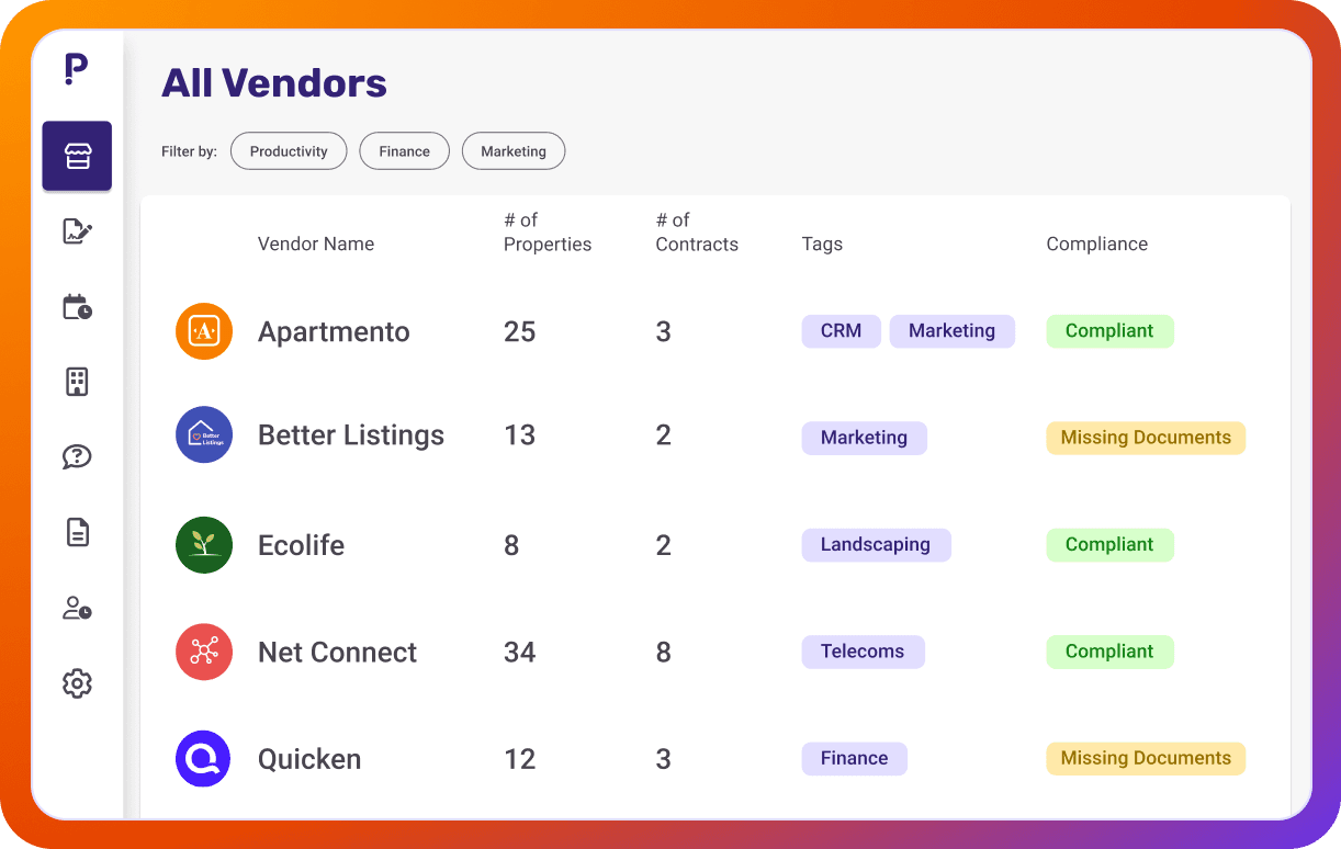 Vendor directory listing vendors, linked contracts, and compliance status across the portfolio