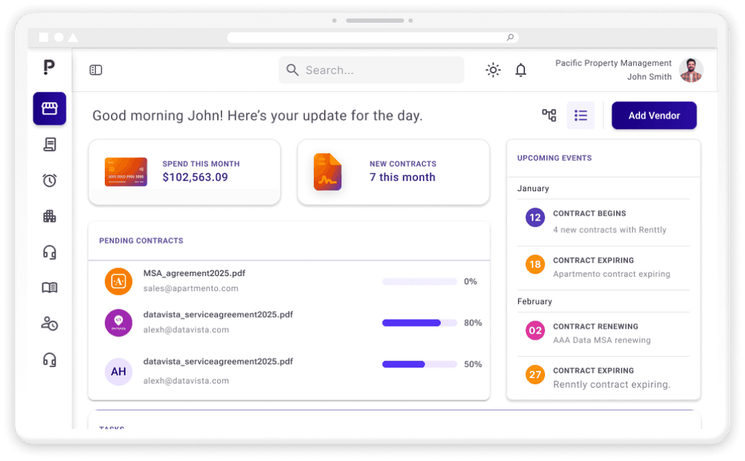 Pivott contract management dashboard listing portfolio properties, contracts, renewal dates, and vendor details